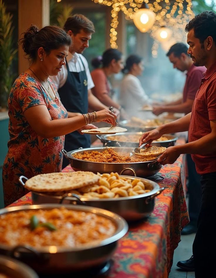 Live curry and naan counter at an evening event