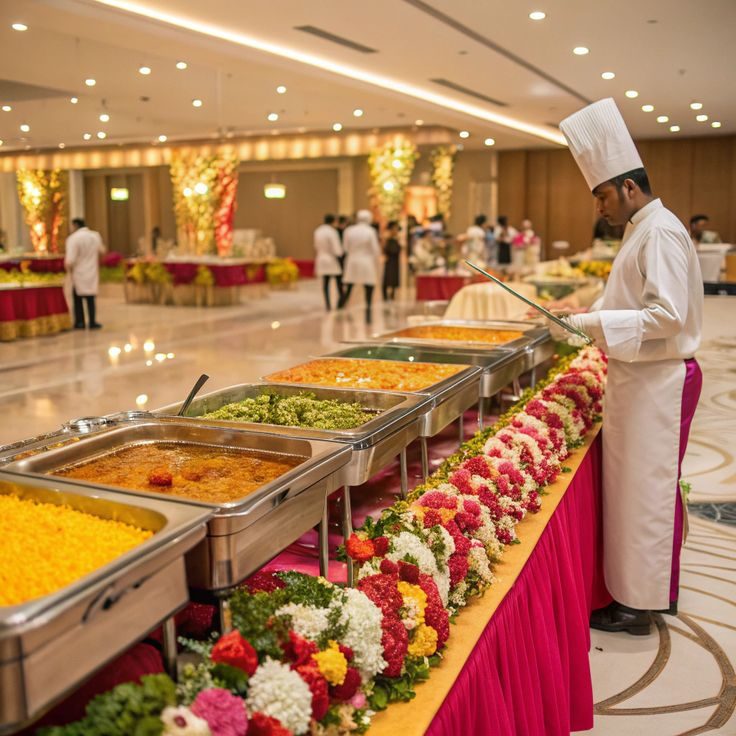 Chef arranging a wedding buffet in a decorated banquet hall