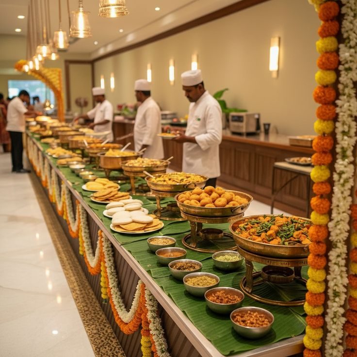 Traditional South Indian banana leaf buffet counter