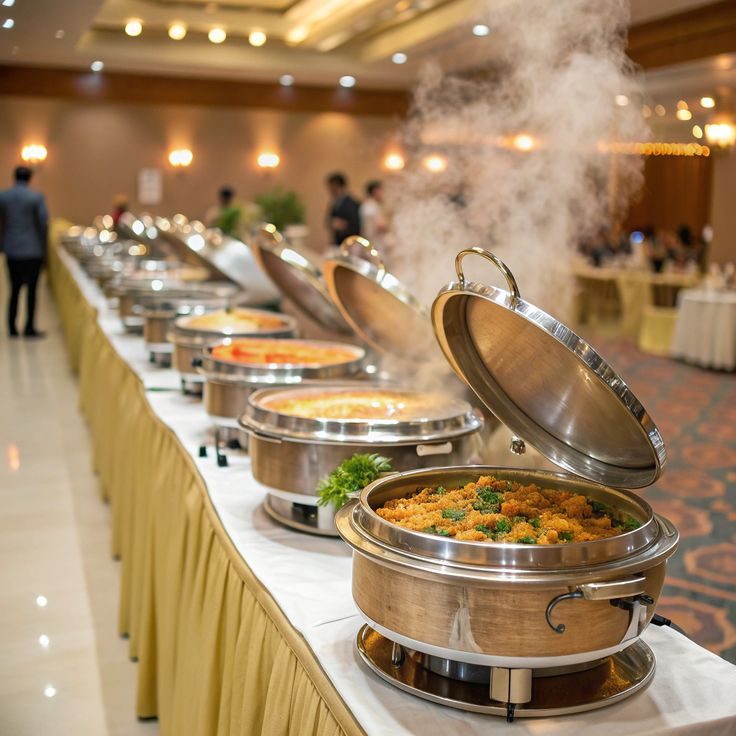 Live buffet counter with chafing dishes at a Chennai wedding reception